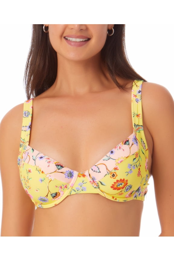 Junior's Printed Underwire Bikini Top Swimsuit Yellow Size Small