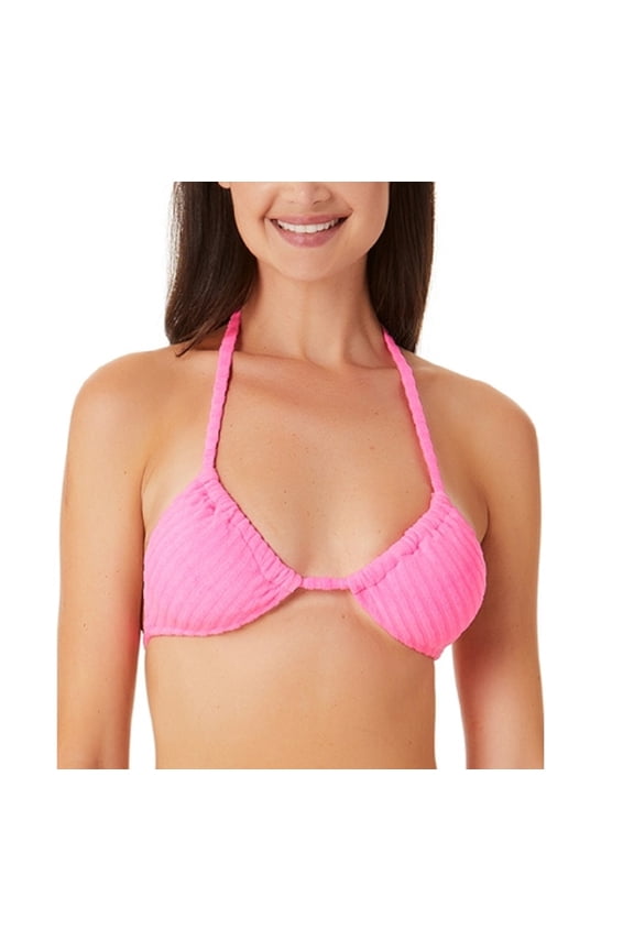 Junior's Ribbed Terry Triangle Bikini Top Swimsuit Pink Size Small