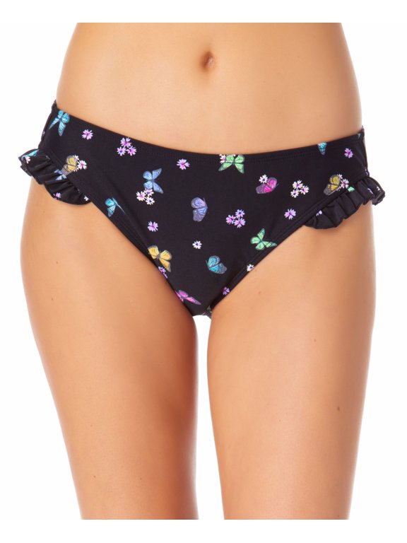 Juniors' Ruffle Hipster Bikini Bottoms Black Print L