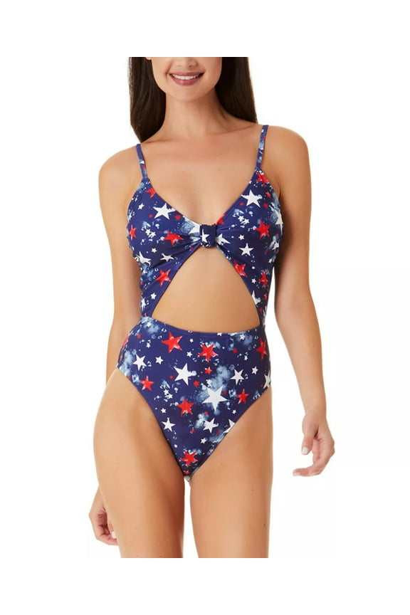 Junior's Splatter Star Knotted Front Cut Out One Piece Swimsuit Blue Size Large