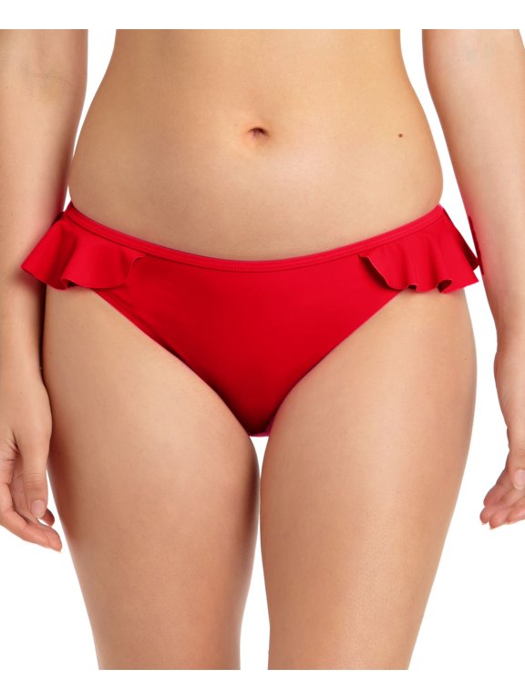 Juniors Solid Ruffled Hipster Bikini Bottoms, Red, L