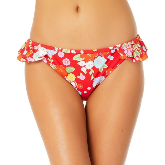California Waves RED MULTI Juniors Ruffled Hipster Bikini Swim Bottoms, US Small