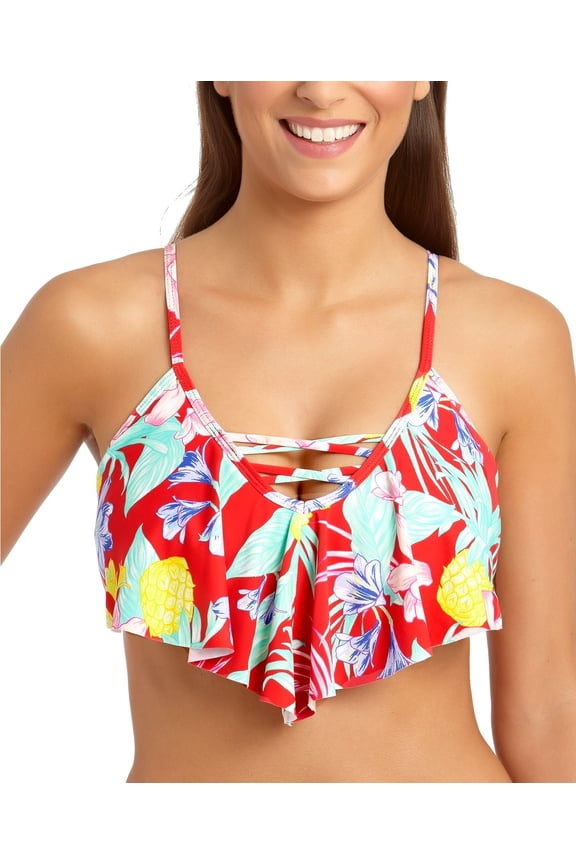 RED TROPICAL Tropic Printed Flounce Bikini Swim Top, US D/DD