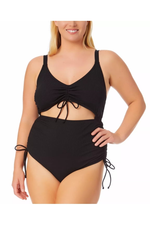 RICH BLACK Plus Size Ribbed Cutout One-Piece Swimsuit, US 20/22