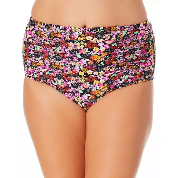 California Waves Trendy Plus Size Ditsy-Print High-Waist Bikini Bottoms