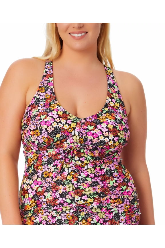 Women's Ditsy Print Drawstring Tankini Top Swimsuit Black Size 1X