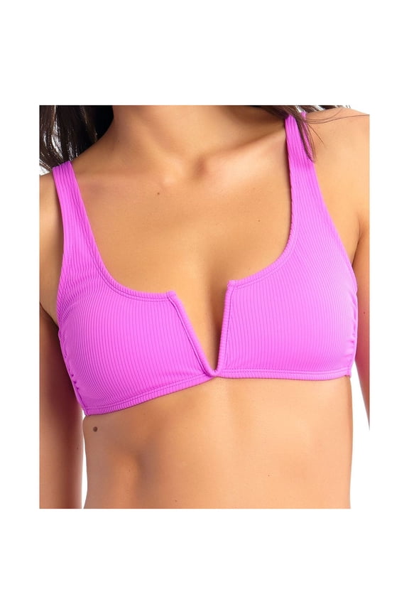 Women's Purple Stretch Removable Cups Tie V-Wire Ribbed Adjustable Bralette Swimsuit Top L