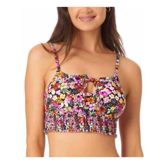 California Waves Womens Juniors Floral Print Tie Neck Bikini Swim Top