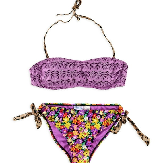 California Waves Womens Lacey Floral Leopard 2 Piece Bandini purmulti S