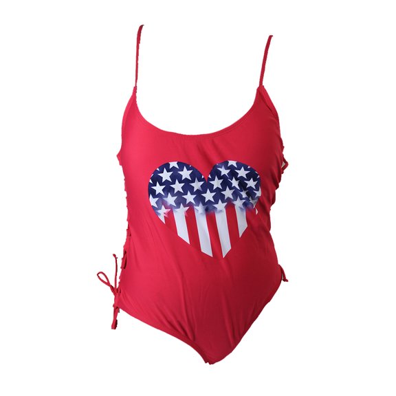 California Waves Womens Red Heart Graphic Lace-Up One-Piece Swimsuit M