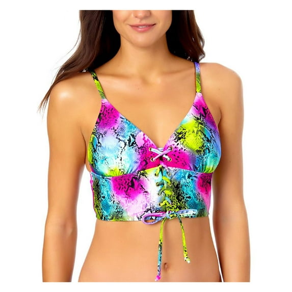 California Waves Womens Snake Print Lace-Up Swim Top Separates Yellow M