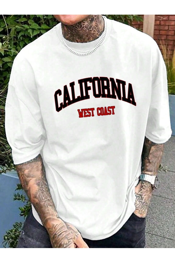 California West Coast Letter Print Men's Summer Short Sleeve Round Neck Casual T-Shirt