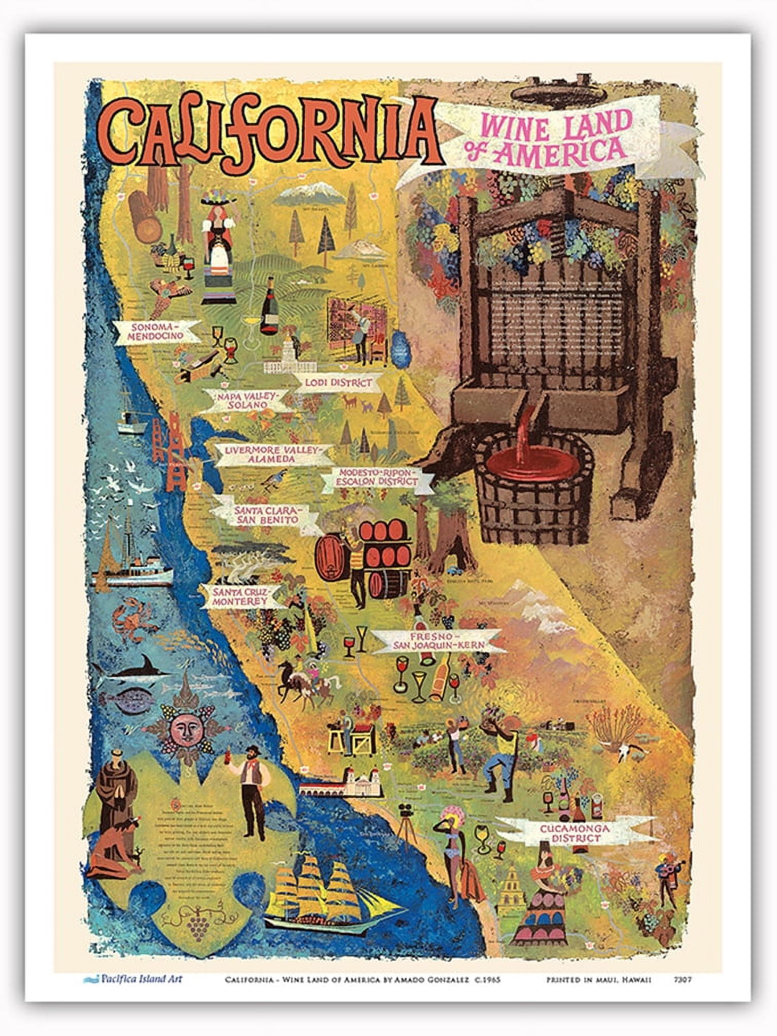 California - Wine Land of America - Vintage Pictorial Map by Amado Gonzalez  c.1965 - Master Art Print (Unframed) 9in x 12in - Walmart.com