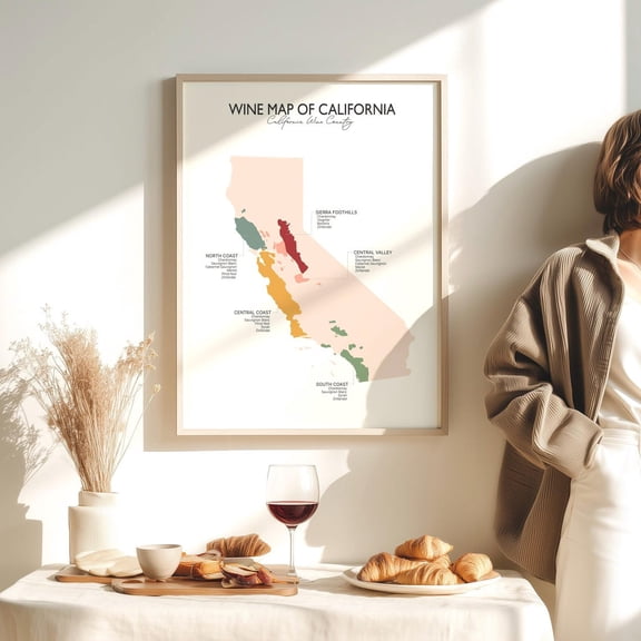 California Wine Regions Map Poster, Napa Valley Wall Art, Kitchen Decor, Unframed Paper Poster 8x10in