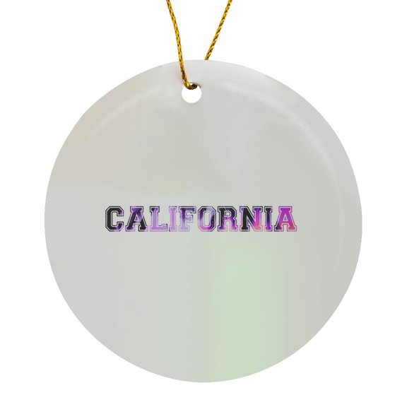 3drose, California Word Art in Purple and Pink - Cool Girly Ca State Name Text - Sunset Palm Trees on White, Circle Porcelain Ornament