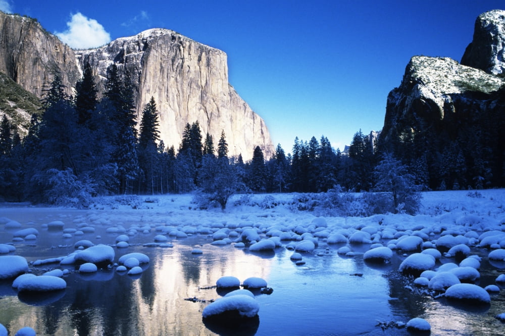 California Yosemite National Park Yosemite Valley Snowy Landscape Of El Capitan And Merced River Canvas Art - Michael Howell Design Pics (34 x 22)