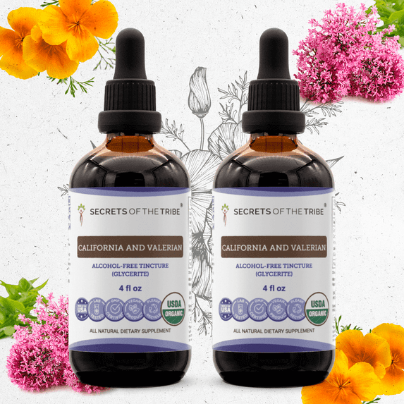 Secrets Of The Tribe California & Valerian Tincture, Alcohol-Free Organic Herbal Extract for Sleep, California Poppy & Valerian Root (Eschscholzia californica, Valeriana officinalis), 2x4 oz