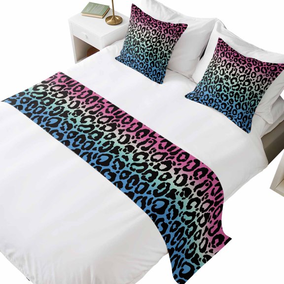 California&nbsp;King Size Animal Gradient Bed Runner Set 102 x 20 inch Leopard Print Bed Runners with 2 Matching Pillow Covers, Decorative Throw Pillowcases Bedding Scarf for Bedroom Hotel