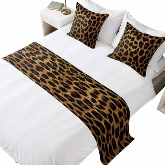 California&nbsp;King Size Fashion Wild Animal Bed Runner Set 102 x 20 inch Vintage Brown Leopard Print Bed Runners with 2 Matching Pillow Covers, Throw Pillowcases Bedding Scarf for Bedroom Hotel