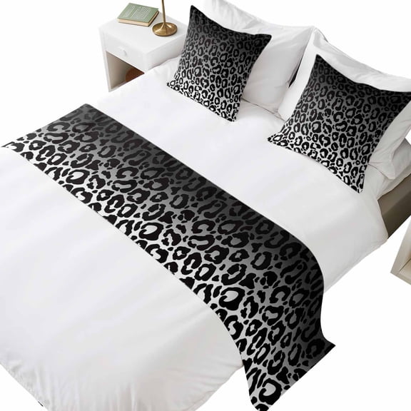 California&nbsp;King Size Ombre Leopard Bed Runner Set 102 x 20 inch Print Black White Gradient Bed Runners with 2 Matching Pillow Covers, Decorative Throw Pillowcases Bedding Scarf for Bedroom Hotel