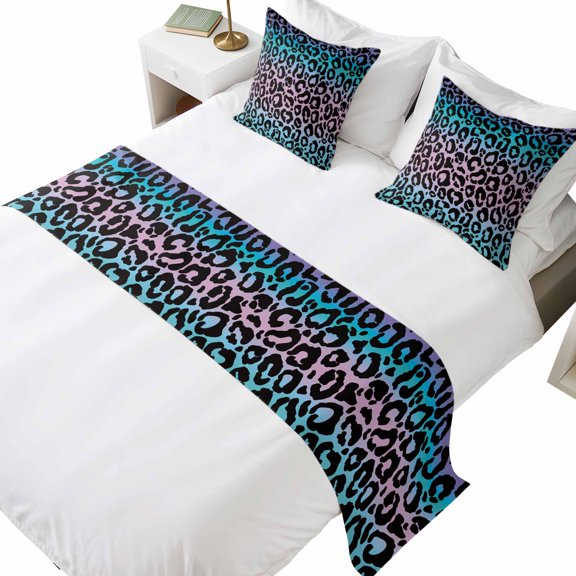 California&nbsp;King Size Ombre Leopard Bed Runner Set 102 x 20 inch Print Colored Gradient Bed Runners with 2 Matching Pillow Covers, Decorative Throw Pillowcases Bedding Scarf for Bedroom Hotel