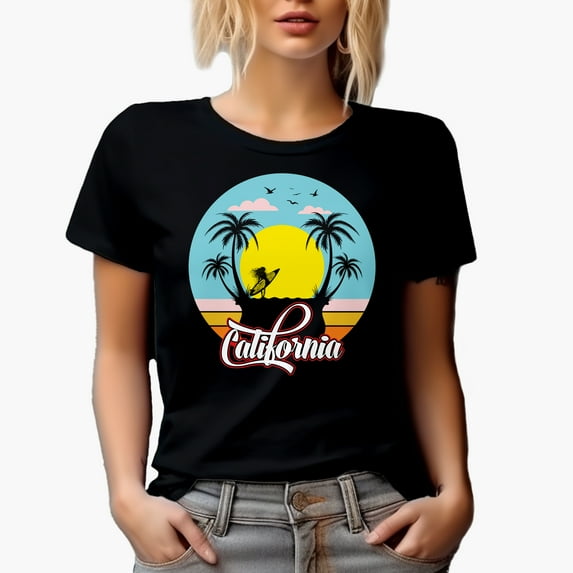 California with Palm Trees, Sun & Surfer, Black T-Shirt, XL