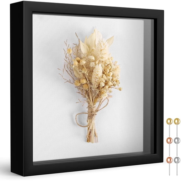 Califortree 8x8 Shadow Box Frame with Soft Linen Back - Push Pins Included, Memory Display Case for Flower, Tickets and 3D Items, Black