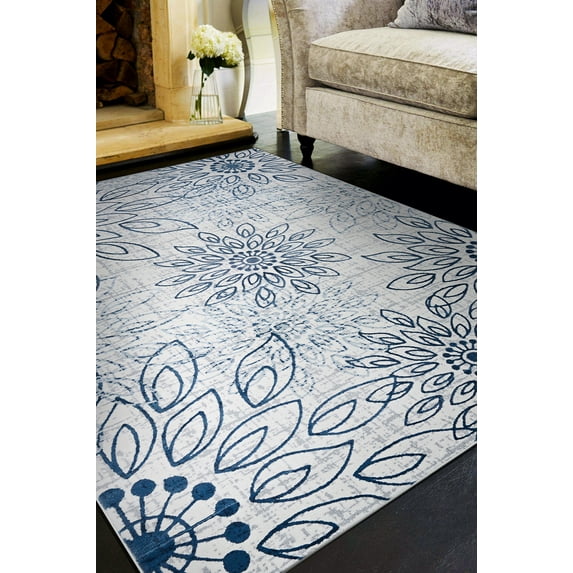 Calinda Summer Bliss Steel Blue-Ivory Area Rug - Multiple Sizes