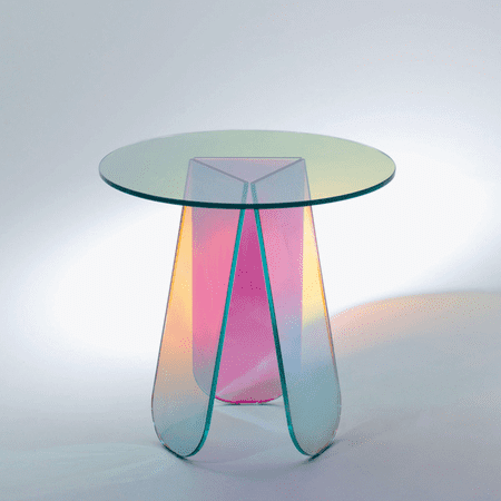 Calini Coffee Table - Iridescent Multi-chromatic Coffee Table, Magical experiences at every angle. Gradient, acrylic, crystal table Casa Di Lumo design.
