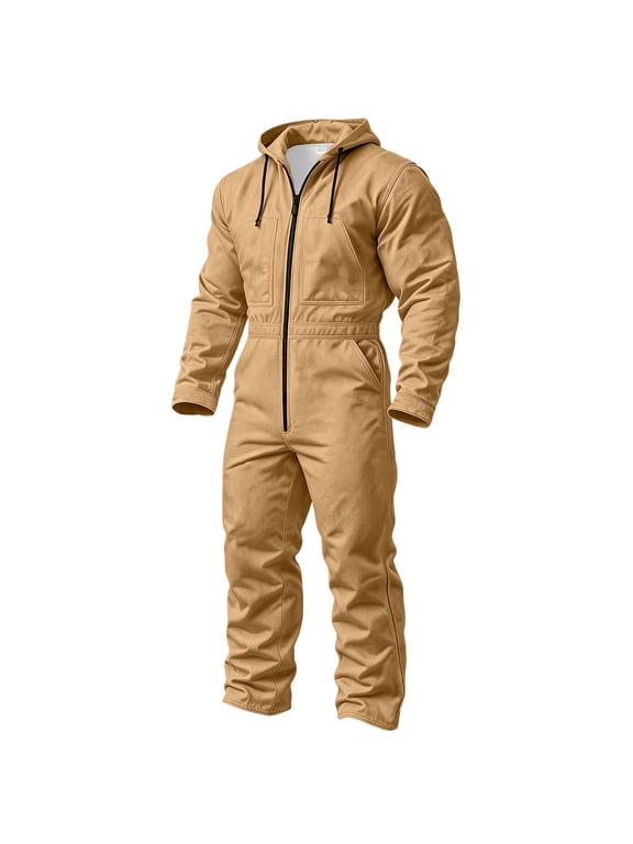 Mens Hooded Jumpsuit Solid Zip Front Long Sleeve Coveralls With Chest Pockets Elastic Waist Full Length Casual Outfit