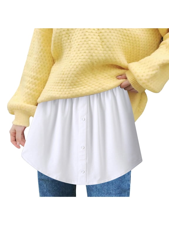 Womens Fake Hem Skirt Solid Elastic Waist Button Front Shirt Extender Curved Edge Tunic Length Layering Half Slip Accessory