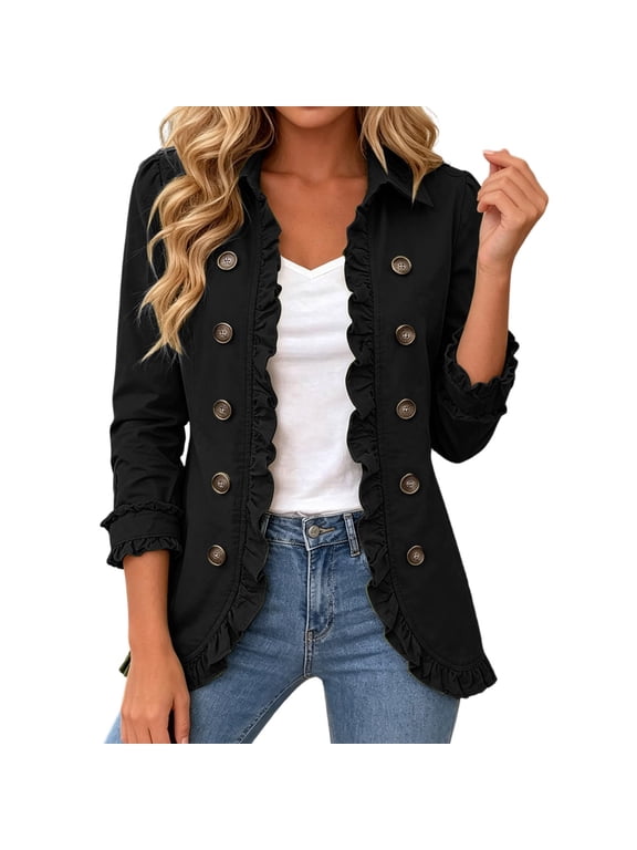 Womens Ruffle Blazer Solid Collared Double Button Front Long Sleeve Frilled Edges Curved Hem Relaxed Casual Jacket
