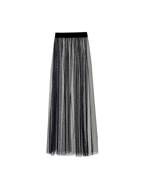 Womens Sheer Skirt Solid High Waist Long Pleated Overlay Elastic Band A Line Maxi Cover Up Dressy Layering Bottoms