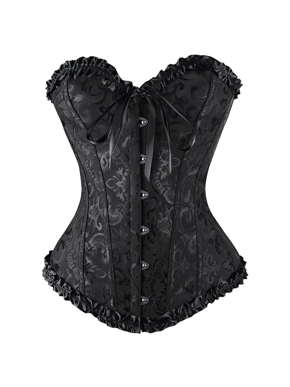 Womens Strapless Bustier Floral Texture Sweetheart Neck Ruffle Trim Front Busk Corset Fitted Waist Bow Party Top