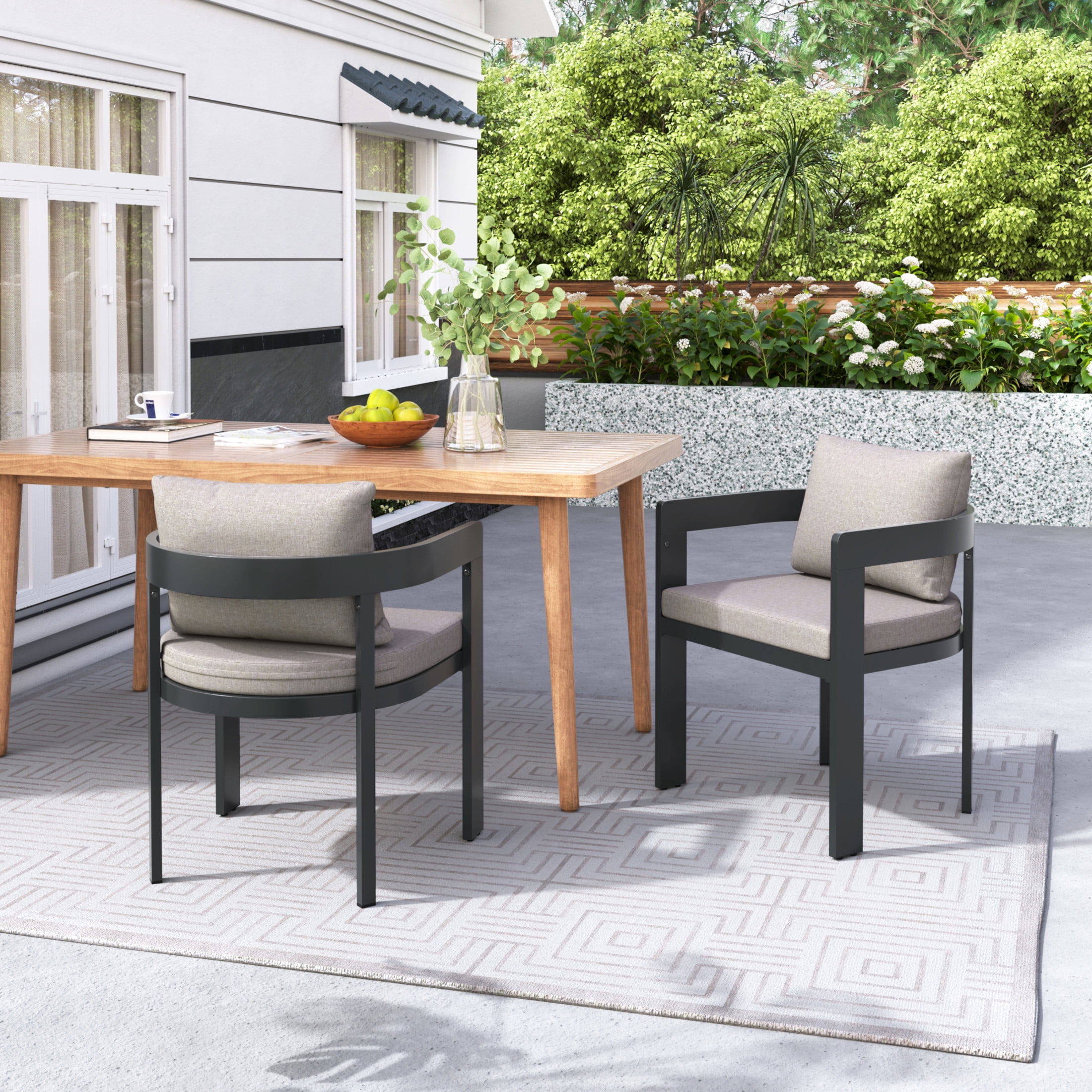 Calistae Outdoor Patio Dining Chairs, Aluminum, Beige + Black, Set of 2