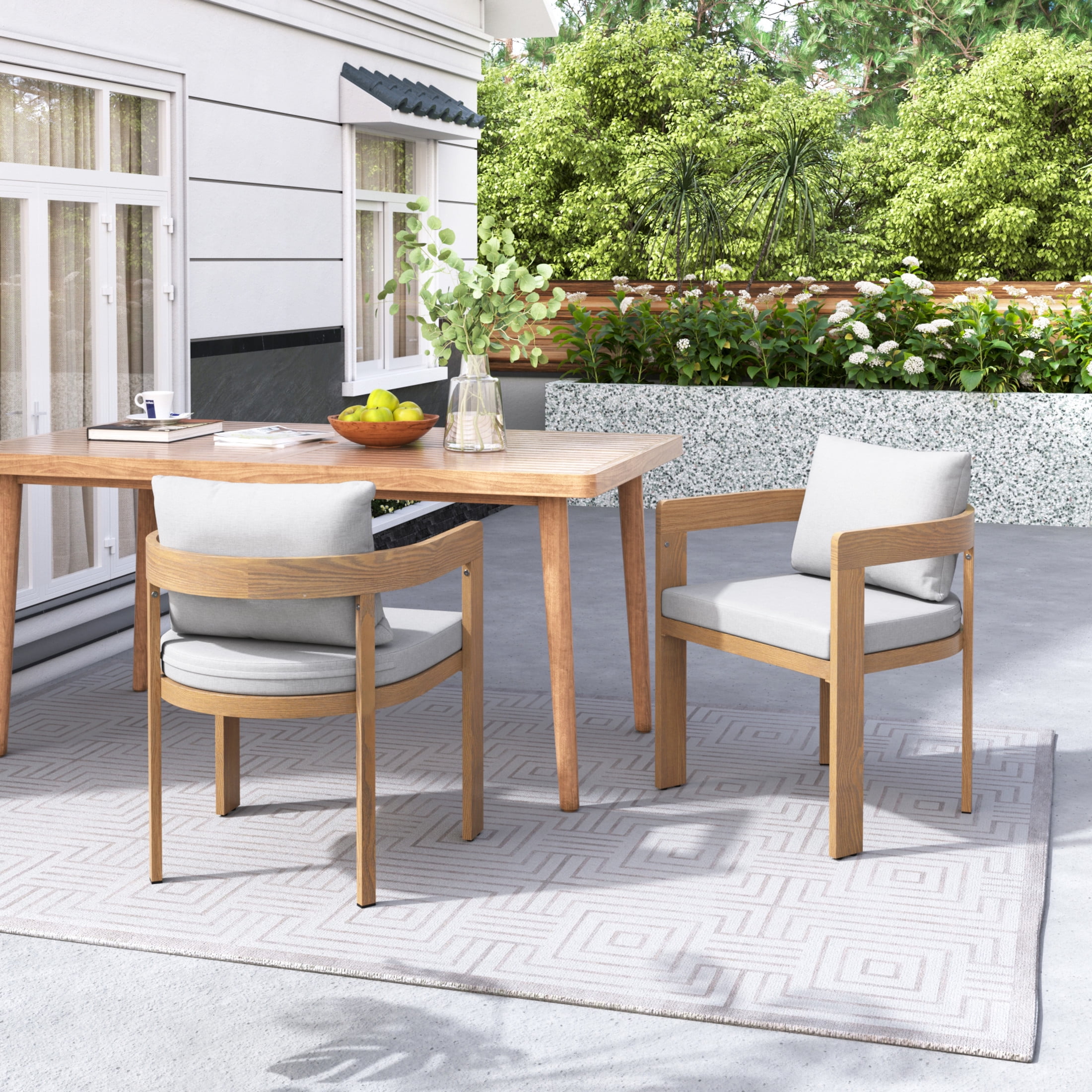 Calistae Outdoor Patio Dining Chairs, Aluminum, Teak + Light Grey, Set of 2