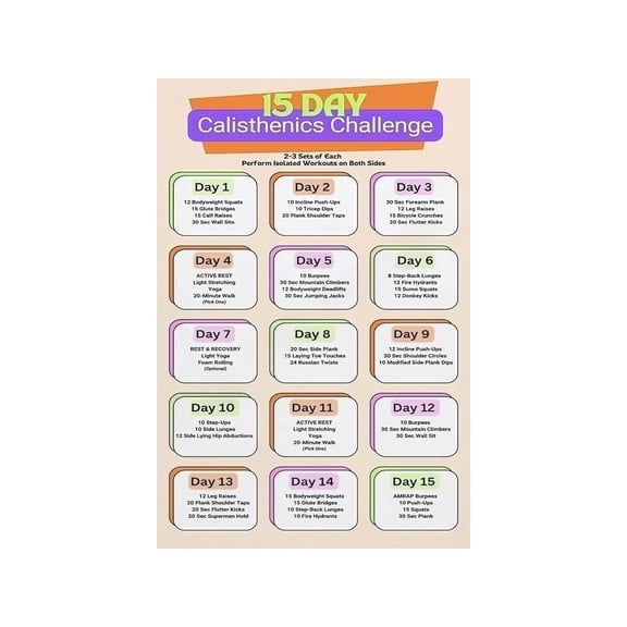Calisthenics Exercise Chart Metal Tin Sign Workout Plan for Building Strength Bodyweight Training Home Gym 12x8 Inch