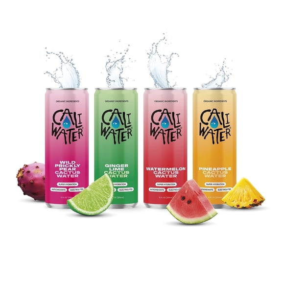 Caliwater Organic Cactus Water Sampler Pack, Wild Prickly Pear, Ginger Lime, Watermelon, Pineapple Pear, Coconut Water Alternative, Natural Plant Based Hydration, Electrolytes, 4-Pack 12oz/can