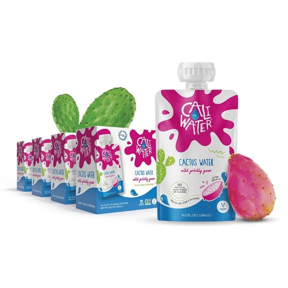 Caliwater Kids Pouch Organic Cactus Water Wild Prickly Pear, Coconut Water Alternative, Juice Box Hydration, Electrolyte Drinks, Flavored Waters, 24-Pack 4.2oz/pouch 3g Sugar, 10 Calories