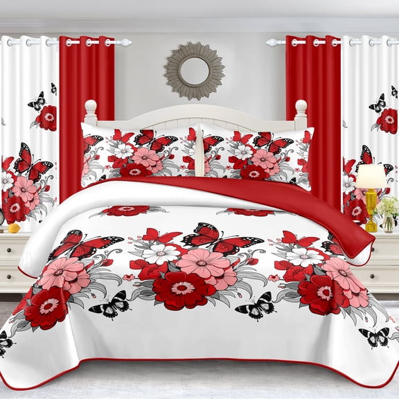 Calking Size 4-Piece Bamboo Filled Bedding Set, Red Floral Butterfly All Season Duvet Cover & Fitted Sheet Set, Machine Washable for Bedroom Decor