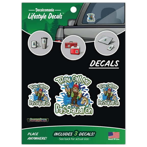 They Call Me Bassquatch Sasquatch Decals - Set of 3 Funny Fishing Sasquatch Bigfoot Vinyl Car Stickers for Truck Window Bumper Tackle Box Laptop Tumbler