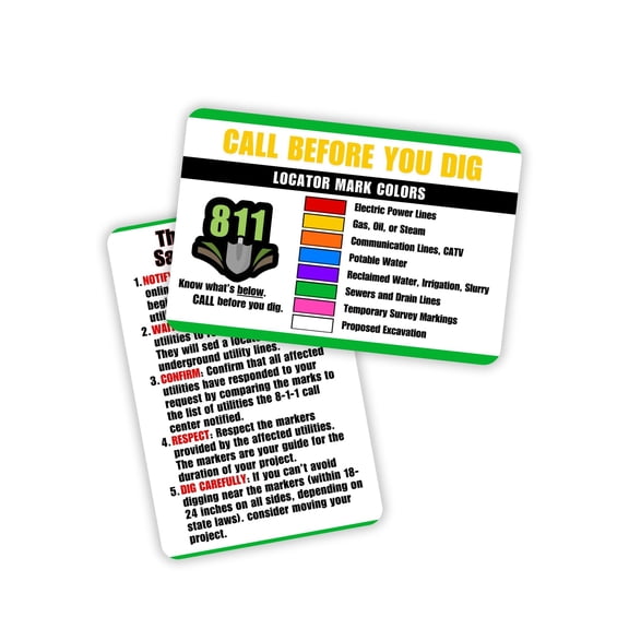Call Before You Dig 5pk 2x3.5 Plastic Cards Leave Flag Colors 5 Steps Before Safely Excavation Safe Excavation Digging Guide Reference Wallet Size
