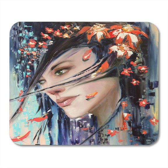 Call Me If Autumn Will Not Come Original Oil Painting on Canvas Abstract Fantasy with Woman and Flowers Mousepad Mouse Pad Mouse Mat 9x10 inch