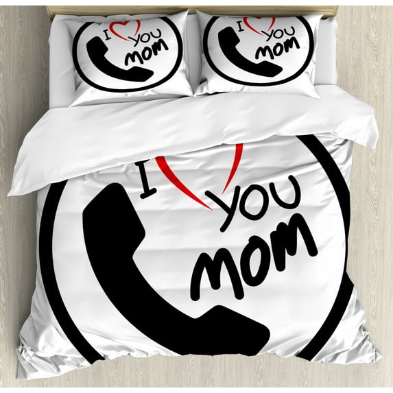 Call Mom Duvet Cover Set King Size, Phone Motif with Circular Frame and I Love You Mom Words Simple Modern, Decorative 3 Piece Bedding Set with 2 Pillow Shams, Vermilion Black White, by Ambesonne