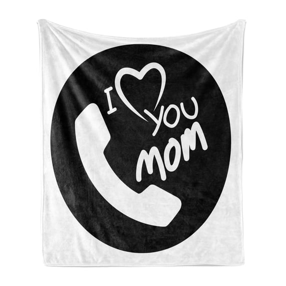 Call Mom Soft Flannel Fleece Blanket, I Love You Mom Calligraphy Design Family Values Theme Phone Silhouette Simple, Cozy Plush for Indoor and Outdoor Use, 50" x 60", Black and White, by Ambesonne
