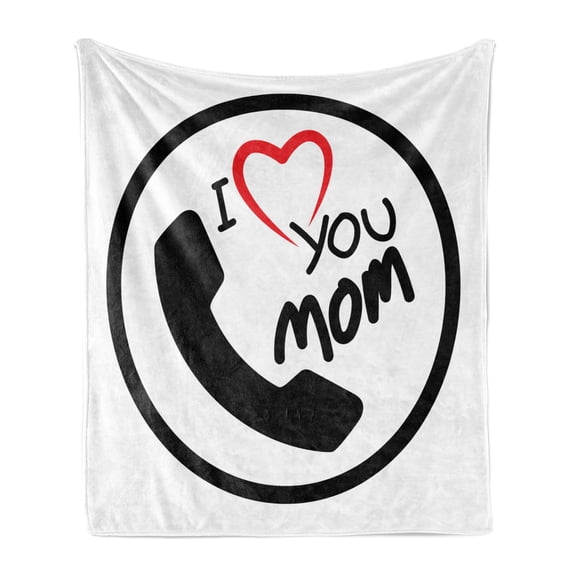 Call Mom Soft Flannel Fleece Blanket, Phone Motif with Circular Frame and I Love You Mom Words Simple Modern, Cozy Plush for Indoor and Outdoor Use, 70" x 90", Vermilion Black White, by Ambesonne