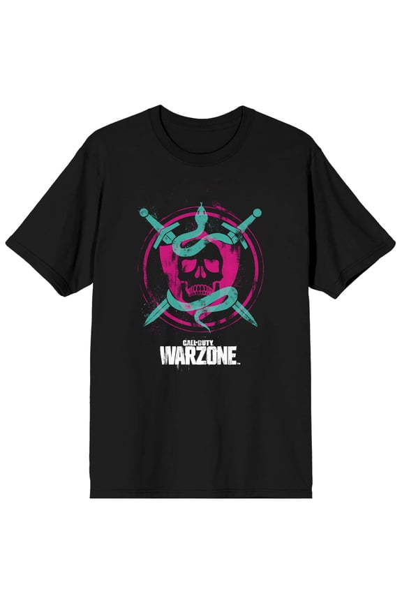 Call Of Duty Warzone Neon Skull And Swords Logo Men's Black Tshirt-XS