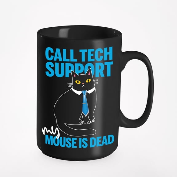 Call Tech Support, Funny Call Center Meme with Black Cat, Black 15oz Ceramic Mug