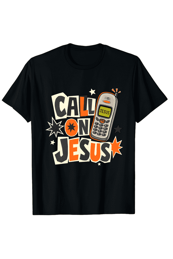 Call on Jesus Graphic T-Shirt for Men, Retro Phone Christian Design, Unisex Cotton Crew Neck