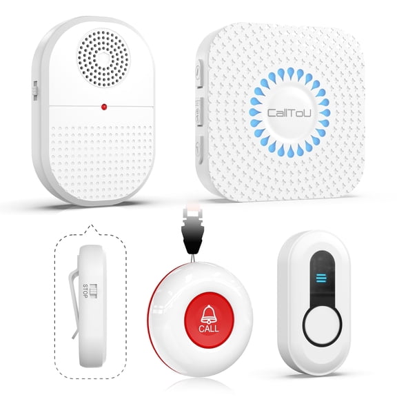 CALLToU Wireless Caregiver Pager, 2 SOS Call Buttons with 2 Vibration Receivers, 500 ft Range, Waterproof, English Alert